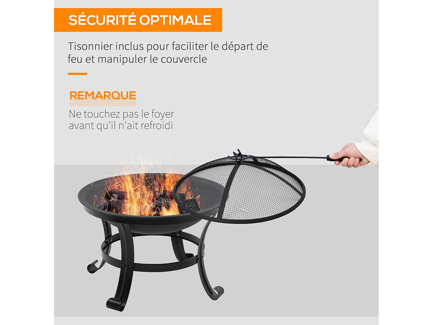 Brasero boule de feu cheminée foyer extérieur Ø 55 x 50H cm grille à charbon couvercle tisonnier acier noir