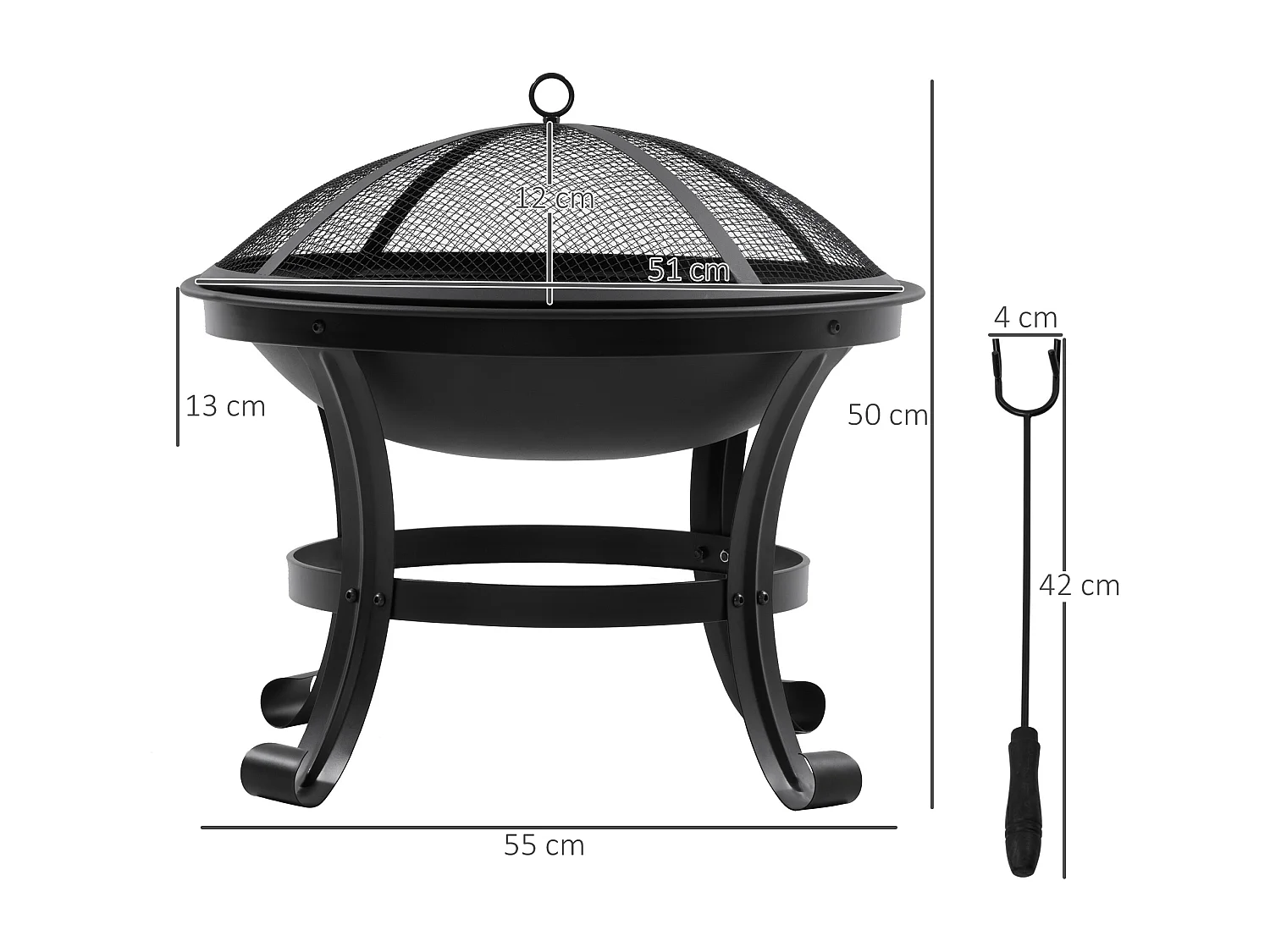 Brasero boule de feu cheminée foyer extérieur Ø 55 x 50H cm grille à charbon couvercle tisonnier acier noir