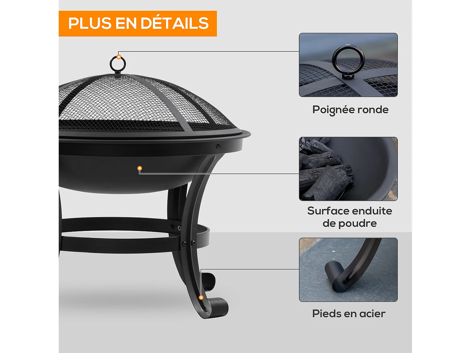 Brasero boule de feu cheminée foyer extérieur Ø 55 x 50H cm grille à charbon couvercle tisonnier acier noir