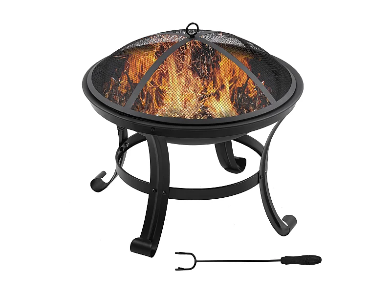 Brasero boule de feu cheminée foyer extérieur Ø 55 x 50H cm grille à charbon couvercle tisonnier acier noir