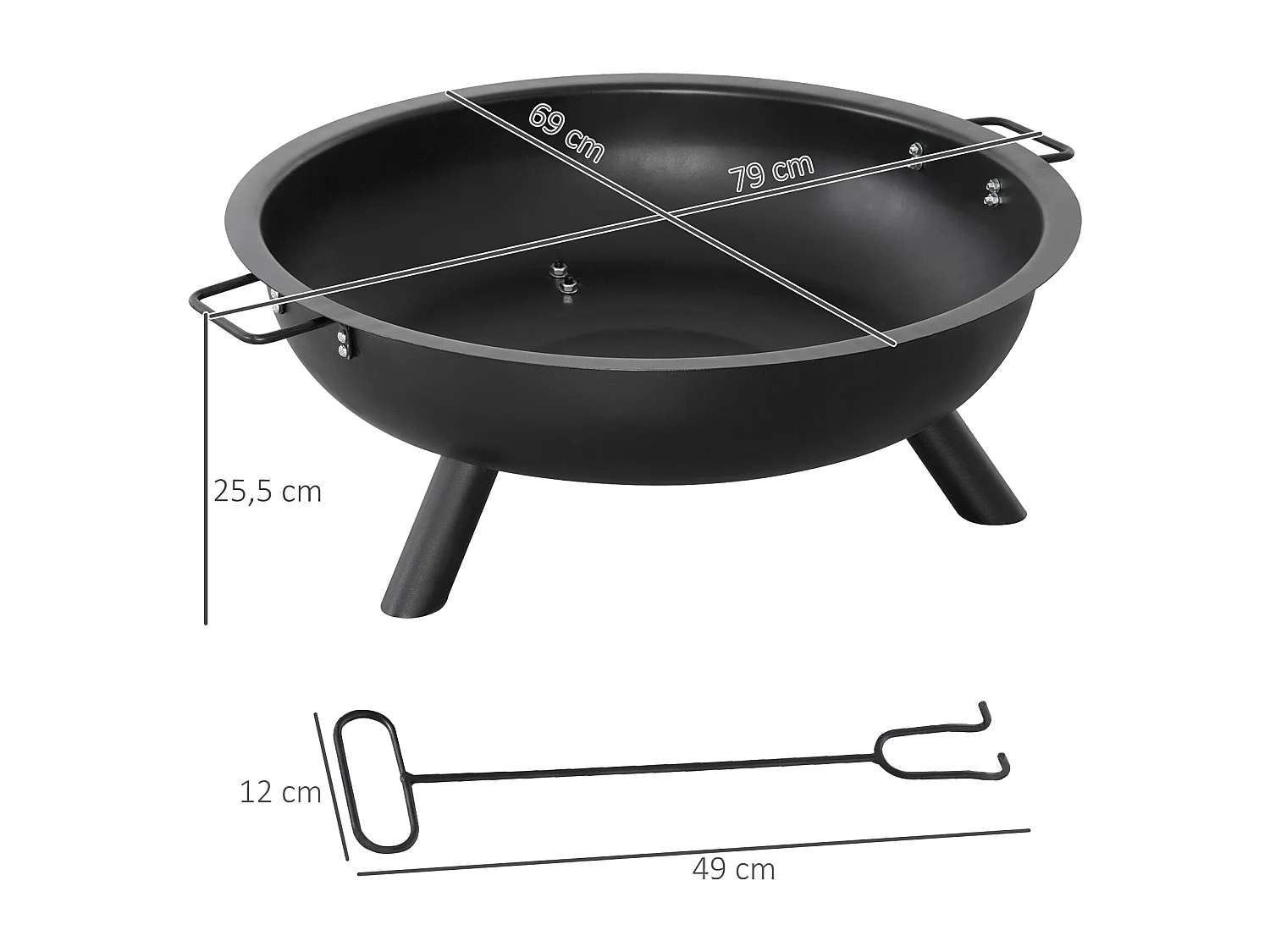 Brasero boule de feu cheminée foyer extérieur dim. 79L x 69l x 25,5H cm 2 poignées tisonnier acier noir