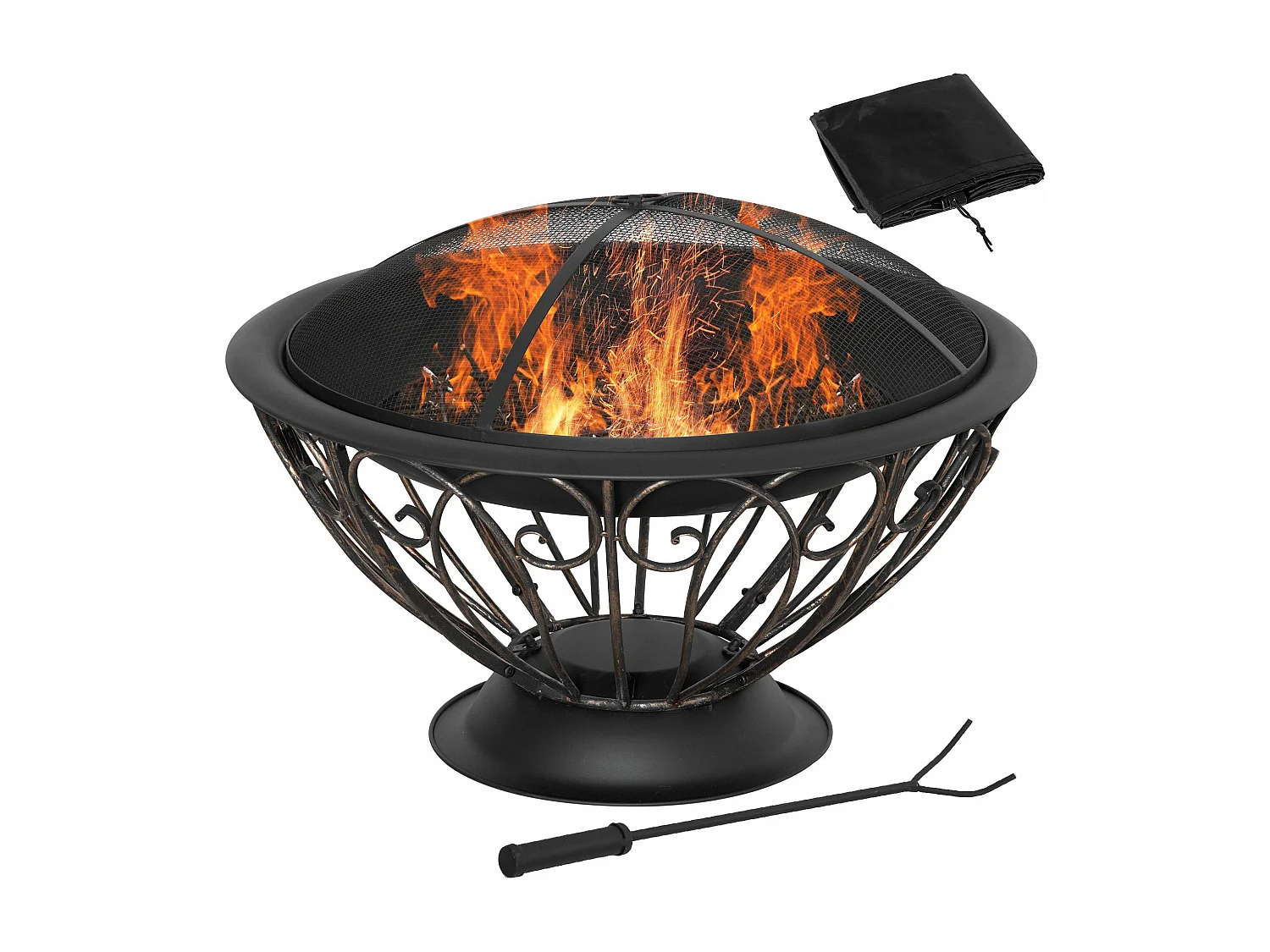 Brasero boule de feu cheminée foyer extérieur Ø 76 x 50H cm grille à charbon couvercle tisonnier housse métal noir bronze