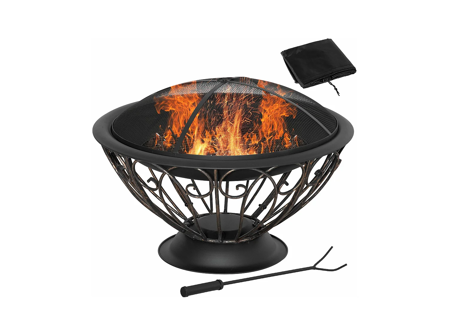 Brasero boule de feu cheminée foyer extérieur Ø 76 x 50H cm grille à charbon couvercle tisonnier housse métal noir bronze