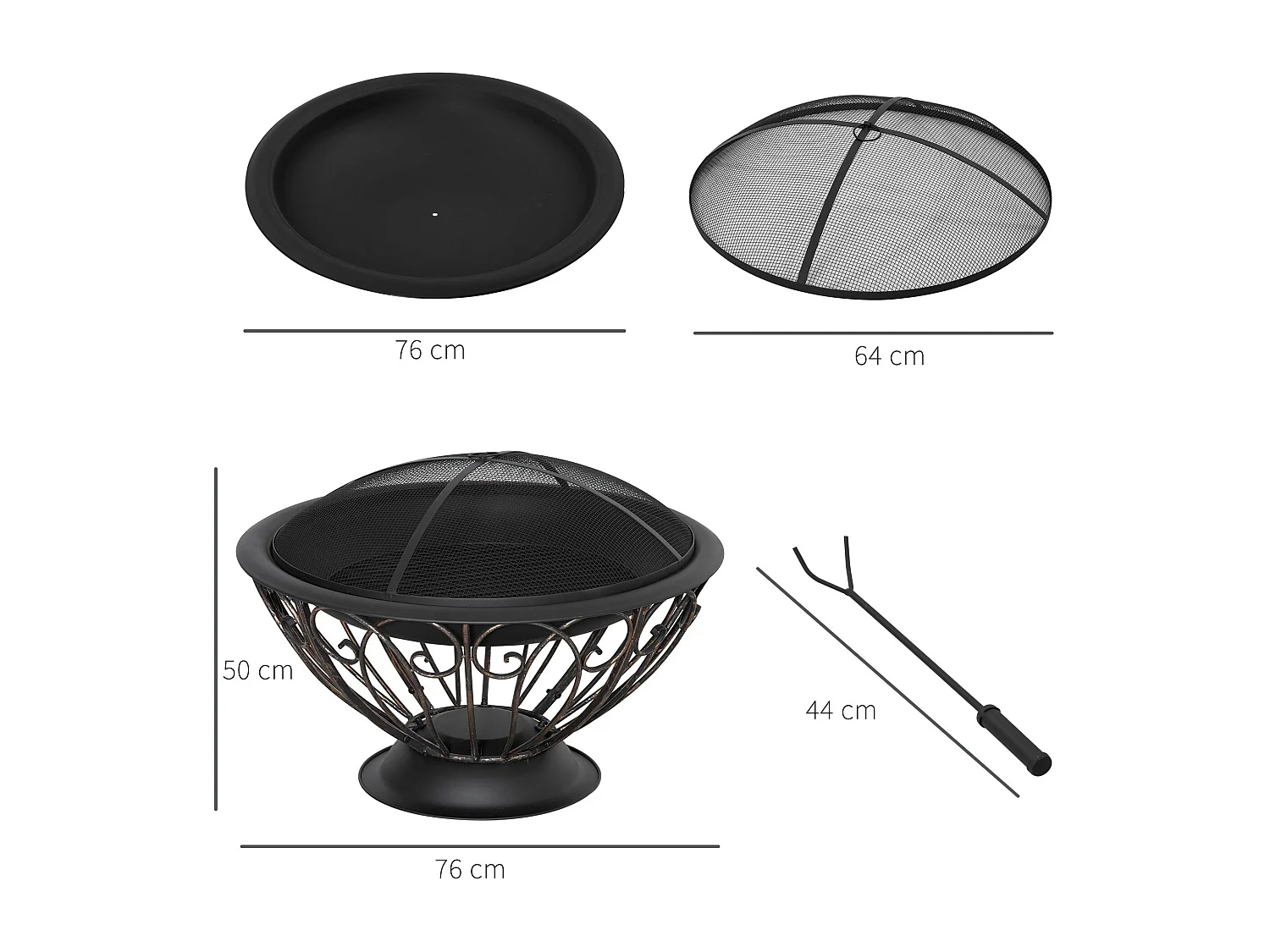 Brasero boule de feu cheminée foyer extérieur Ø 76 x 50H cm grille à charbon couvercle tisonnier housse métal noir bronze