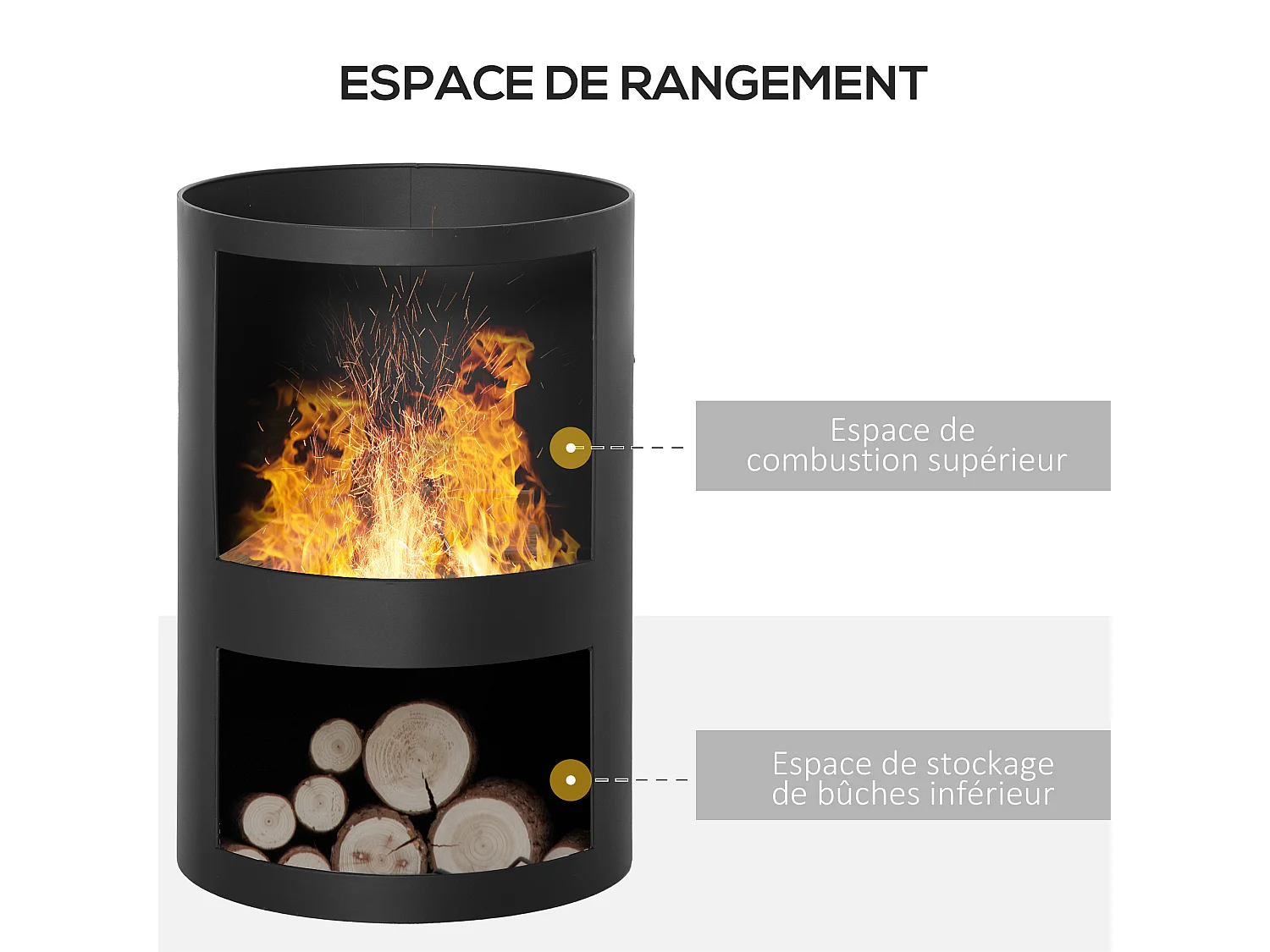 Brasero cheminée d'extérieur H.133 Ø 45 cm tisonnier large foyer - espace de rangement pour bûches - métal noir