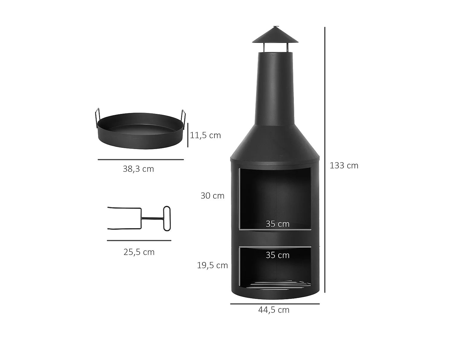 Brasero cheminée d'extérieur H.133 Ø 45 cm tisonnier large foyer - espace de rangement pour bûches - métal noir