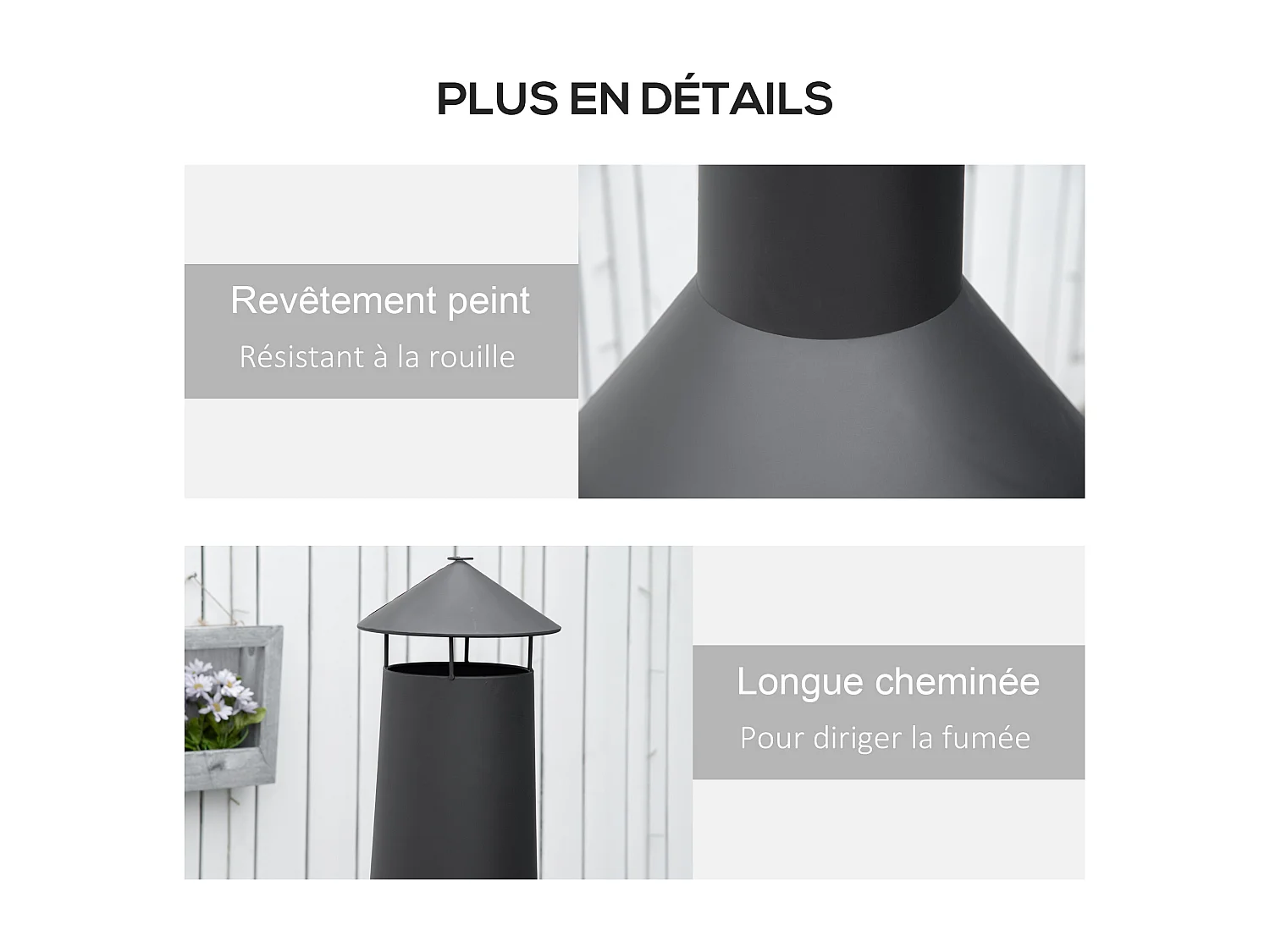 Brasero cheminée d'extérieur H.133 Ø 45 cm tisonnier large foyer - espace de rangement pour bûches - métal noir