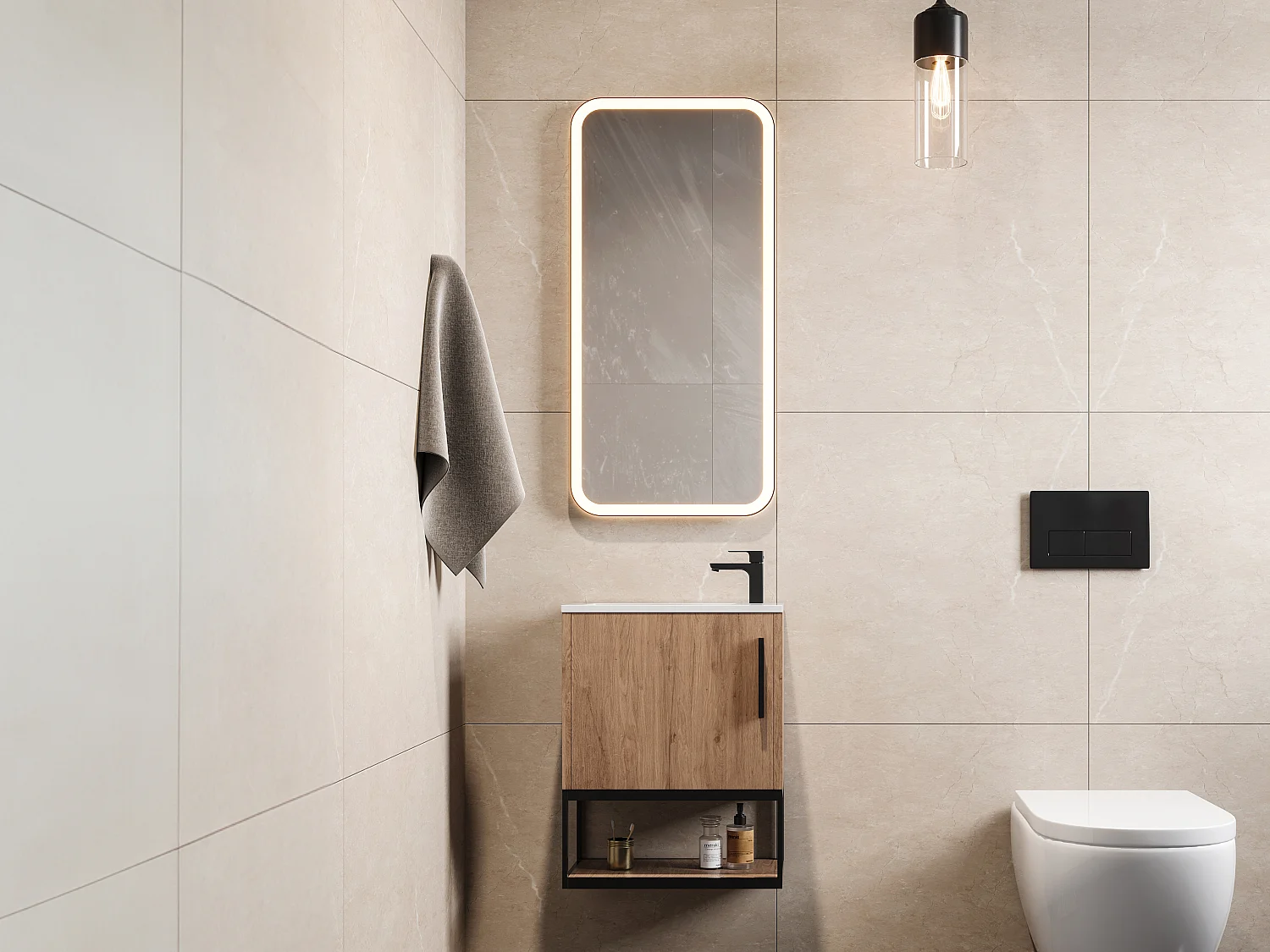 Meuble lave-main suspendu avec niche et vasque blanche - 40 cm - Coloris naturel clair - LOPENA