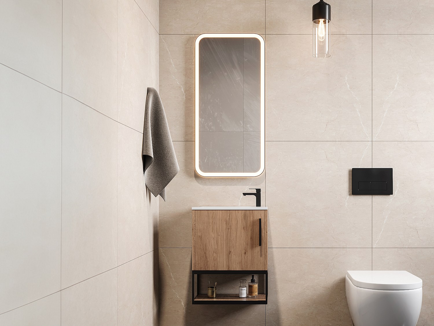 Hängender Handwaschbecken-Unterschrank mit Nische und weißem Aufsatzbecken günstig online kaufen