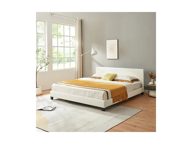 Lit Double Rembourré Albacete Sommier à Lattes Housse Simili 180 x 200 cm Blanc Corium