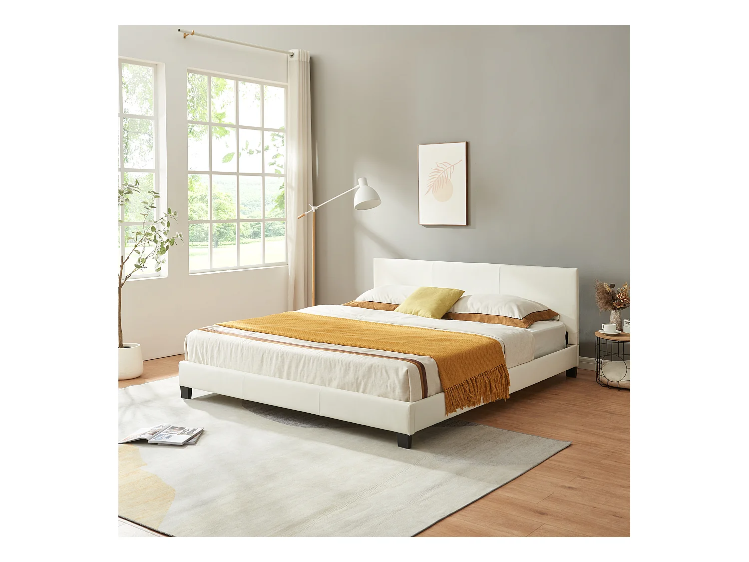 Lit Double Rembourré Albacete Sommier à Lattes Housse Simili 180 x 200 cm Blanc Corium