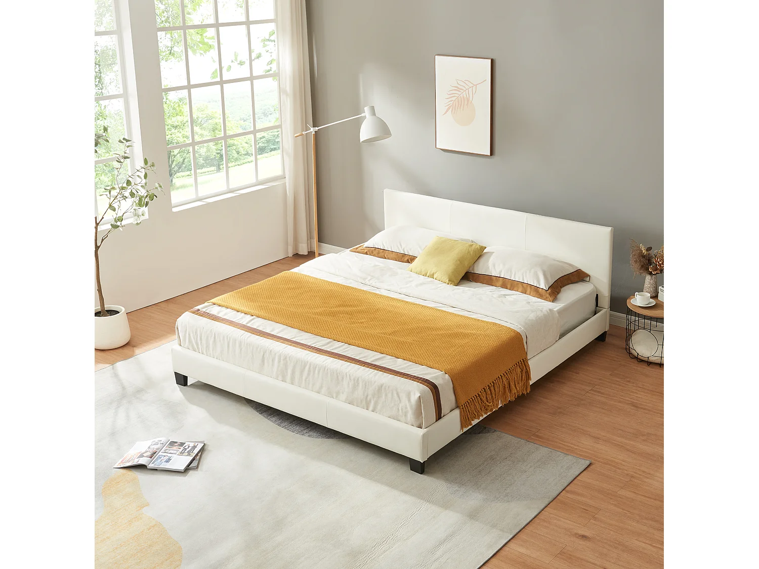 Lit Double Rembourré Albacete Sommier à Lattes Housse Simili 180 x 200 cm Blanc Corium