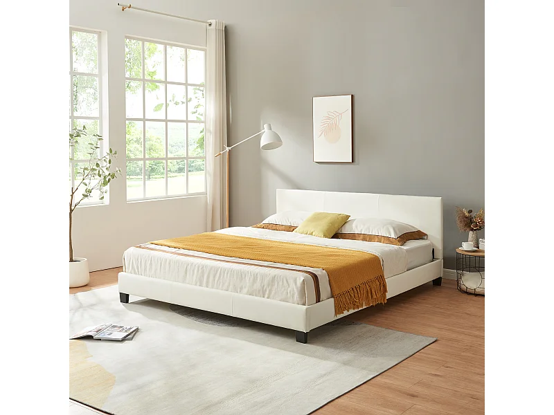 Lit Double Rembourré Albacete Sommier à Lattes Housse Simili 180 x 200 cm Blanc Corium