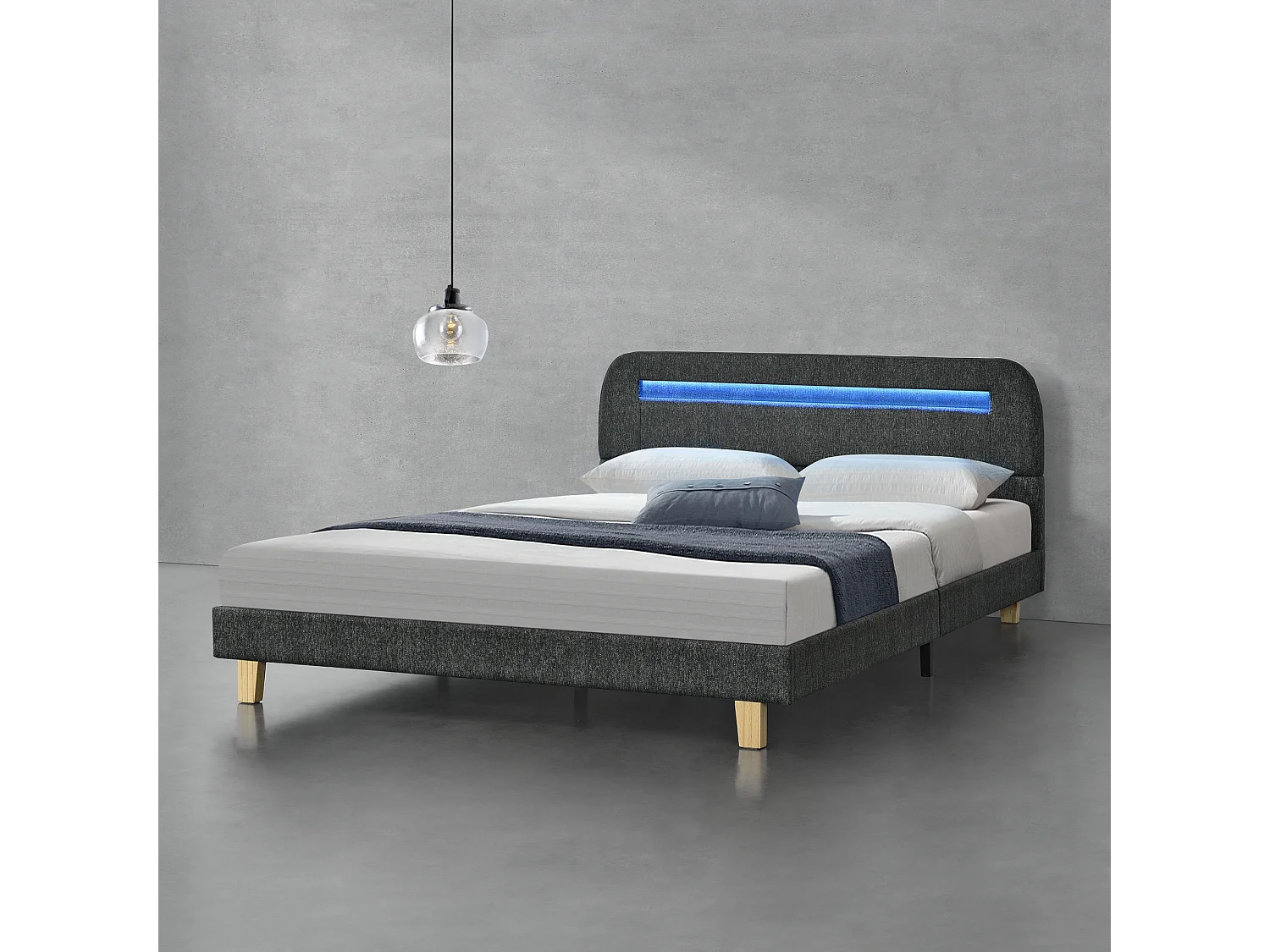 Lit Double Rembourré Roskilde avec Éclairage Intégré LED Lin 140 x 200 cm Gris Foncé [en.casa]