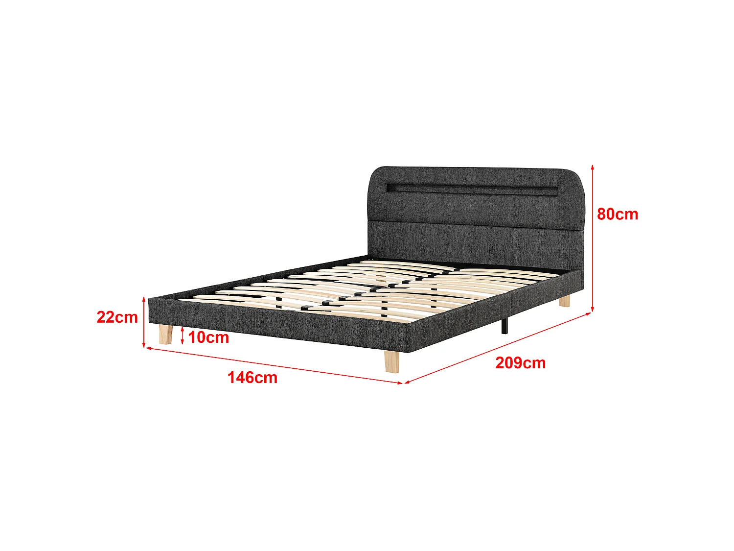 Lit Double Rembourré Roskilde avec Éclairage Intégré LED Lin 140 x 200 cm Gris Foncé [en.casa]