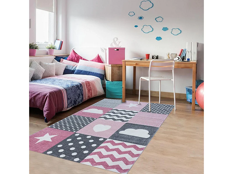 Tapis enfant 80x150 rectangle tissé rose et gris KID HEART