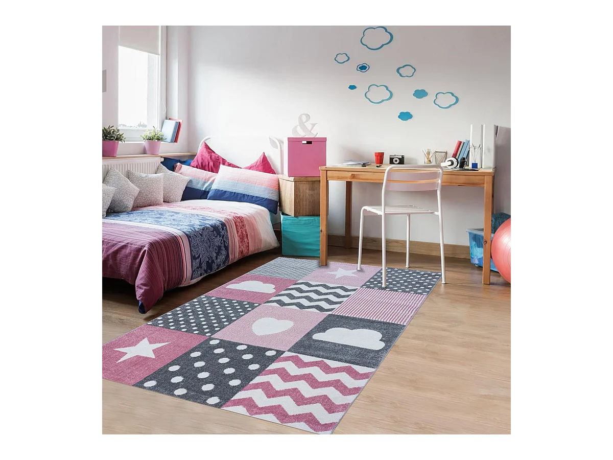 Tapis enfant 120x170 rectangle tissé rose et gris KID HEART