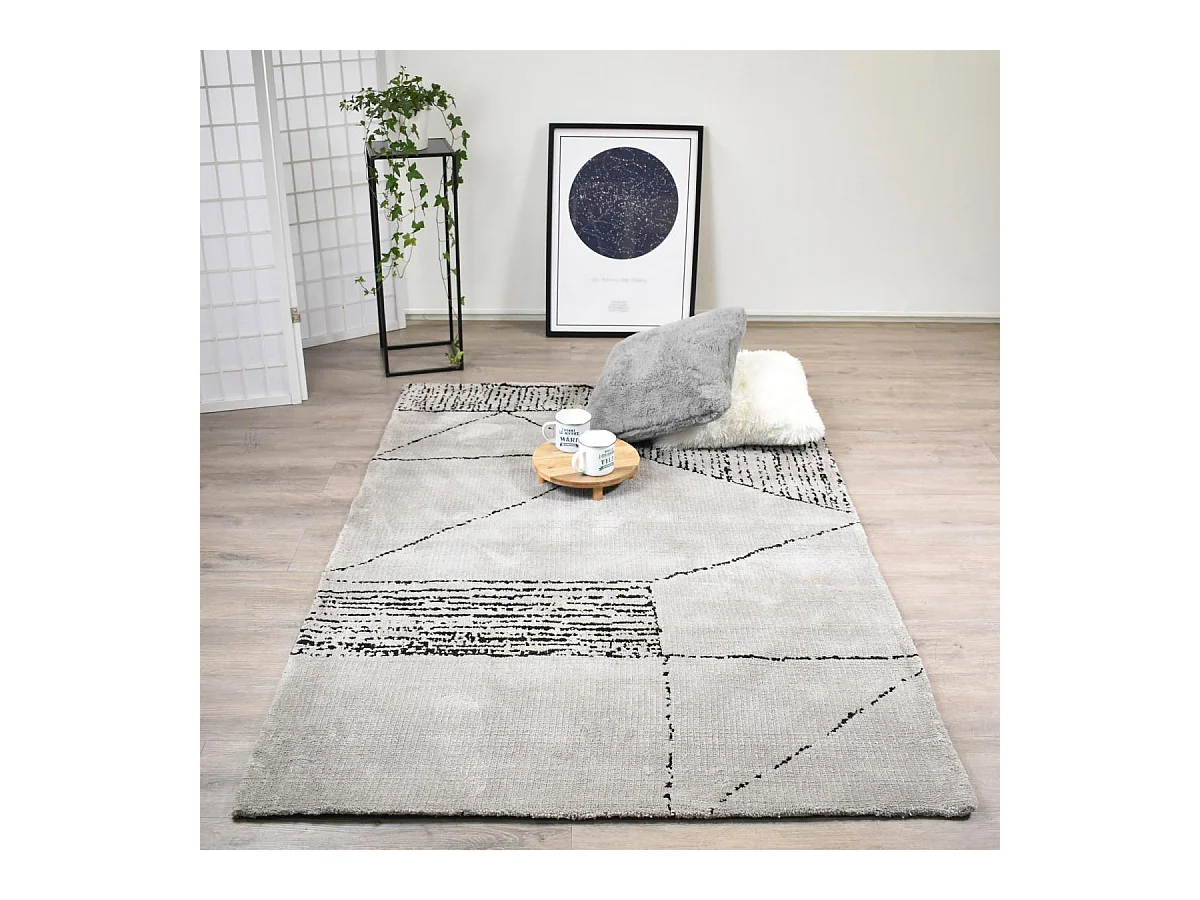tapis entrée 120x170 fait à la main gris et noir rectangle motif géométrique