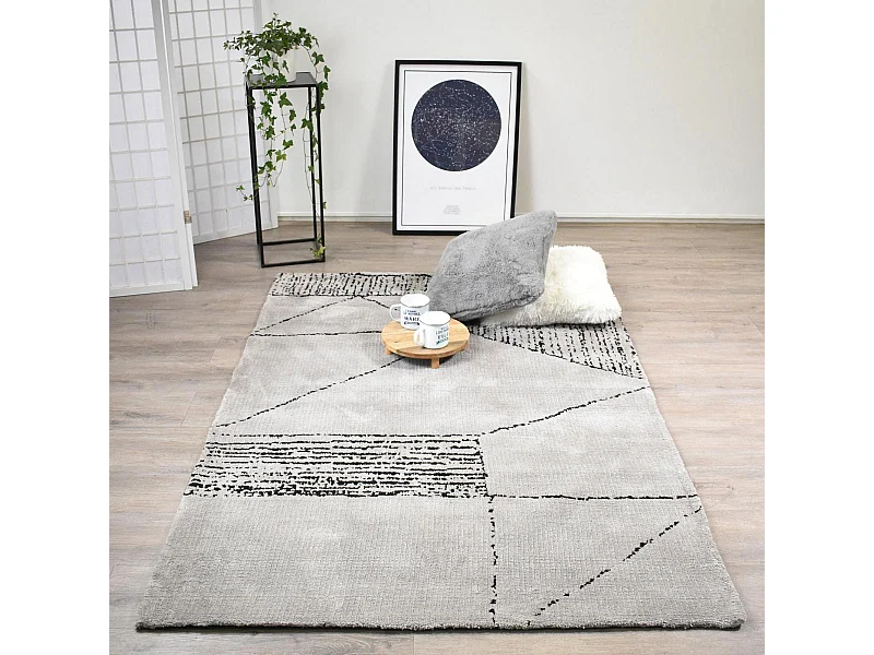 tapis entrée 120x170 fait à la main gris et noir rectangle motif géométrique