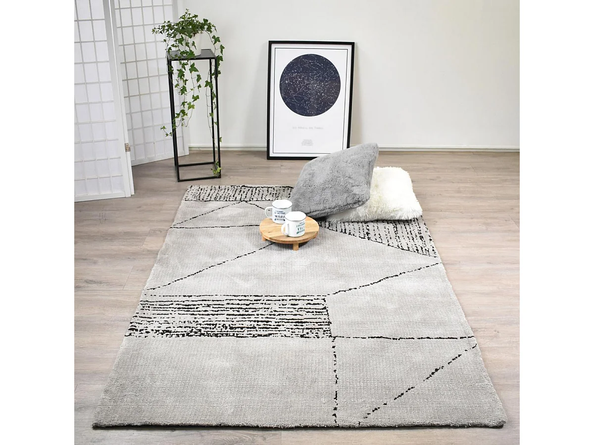 tapis chambre 160x230 fait à la main gris et noir rectangle motif géométrique