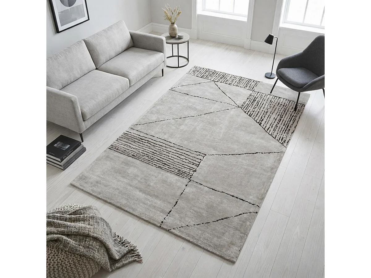 tappeto per camera da letto 160x230 realizzato a mano motivo geometrico rettangolo grigio e nero