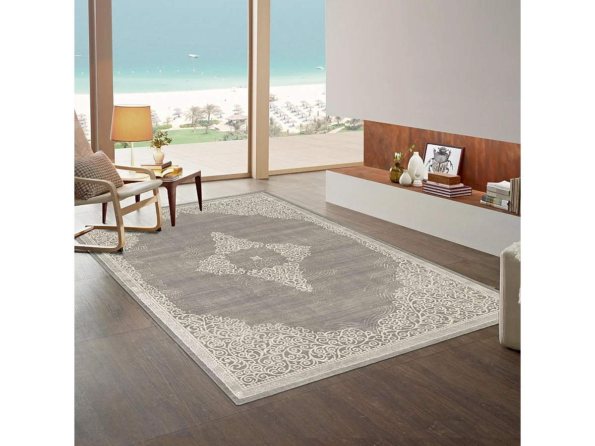 Tapis orient 80x150 rectangle gris et beige tissé motif ethnique MEDAROND