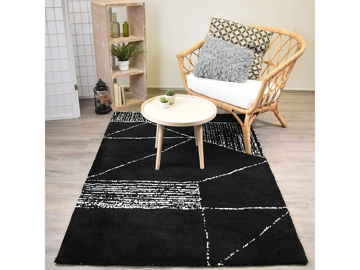 tapis chambre 160x230 fait à la main noir et blanc rectangle motif géométrique