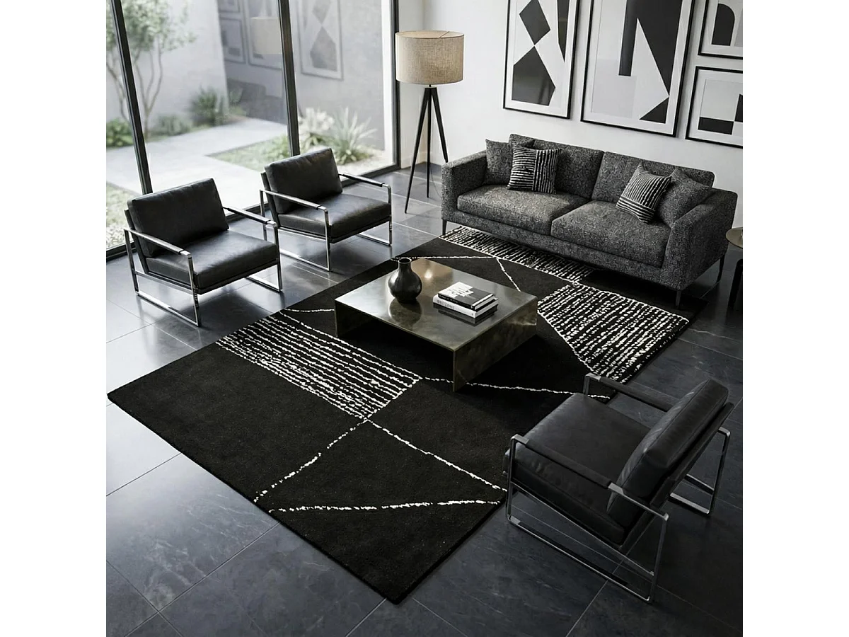 tapis grand salon 240x340 fait à la main noir et blanc motif géométrique