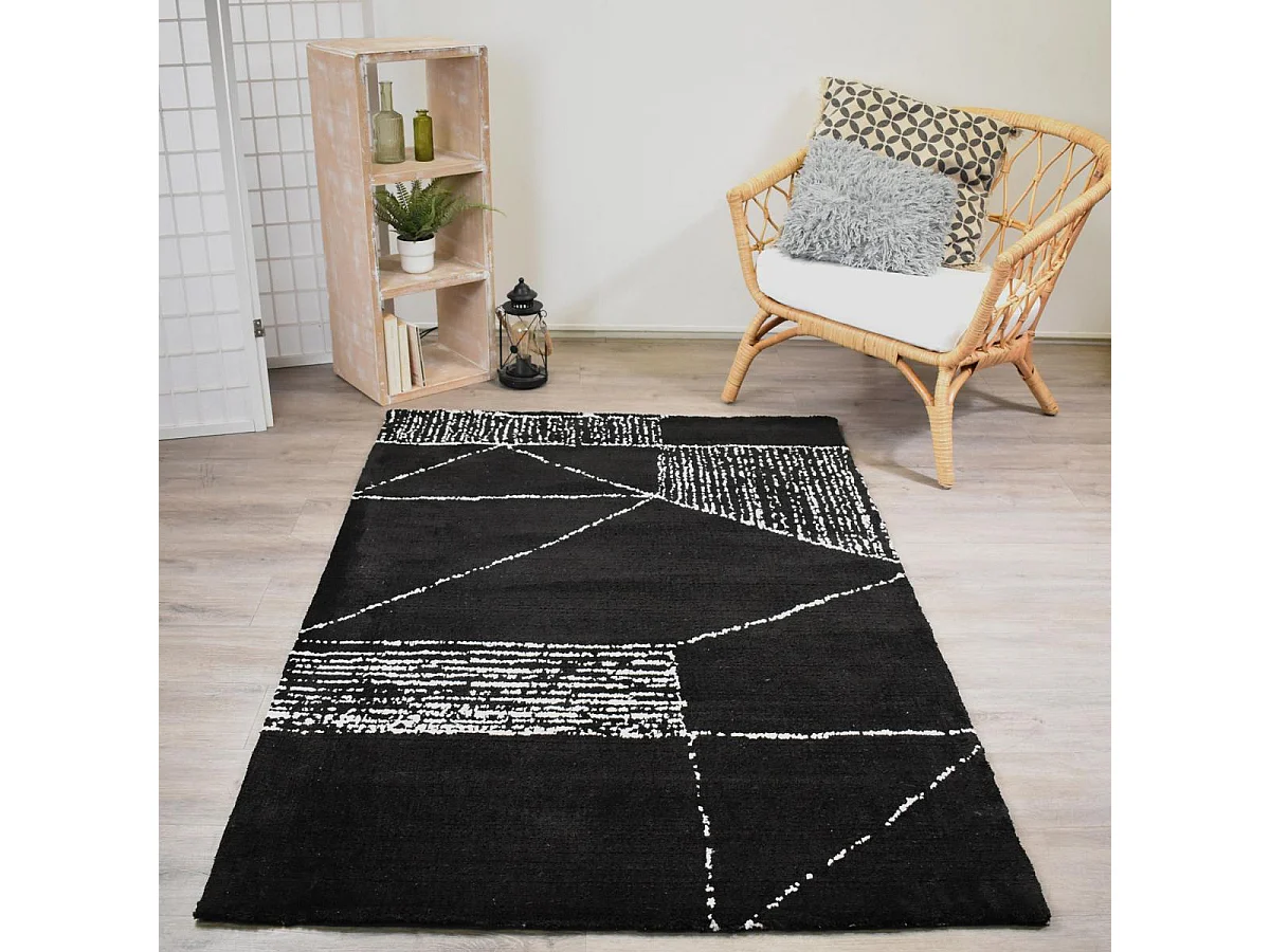tapis grand salon 240x340 fait à la main noir et blanc motif géométrique