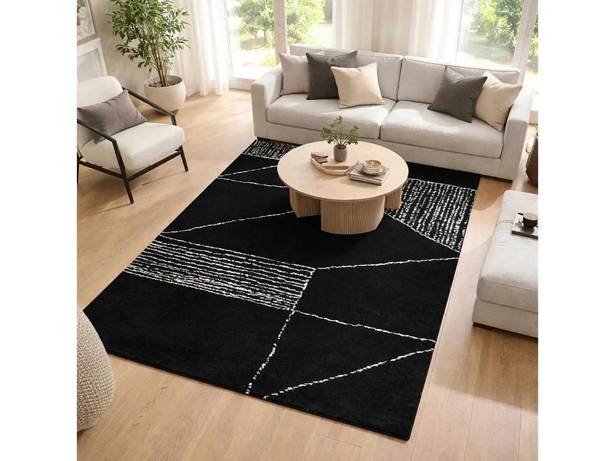 tapis grand salon 240x340 fait à la main noir et blanc motif géométrique
