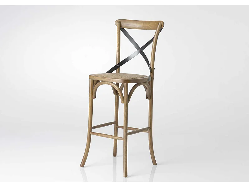 Chaise de bar en orme à croisillons en paille