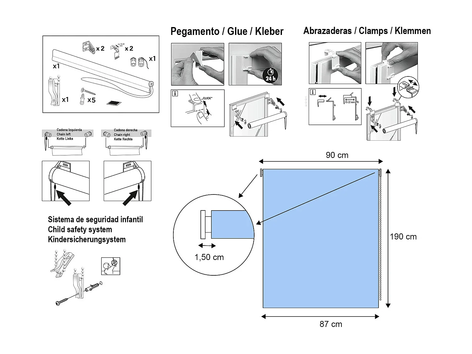 ESTORALIS | Estores Enrollables Translúcidos Easyfix  | 90 x 190 cm (Ancho por Alto) Tamaño de Tela 87 x 190 cm | Modelo ROBERT Color Azul