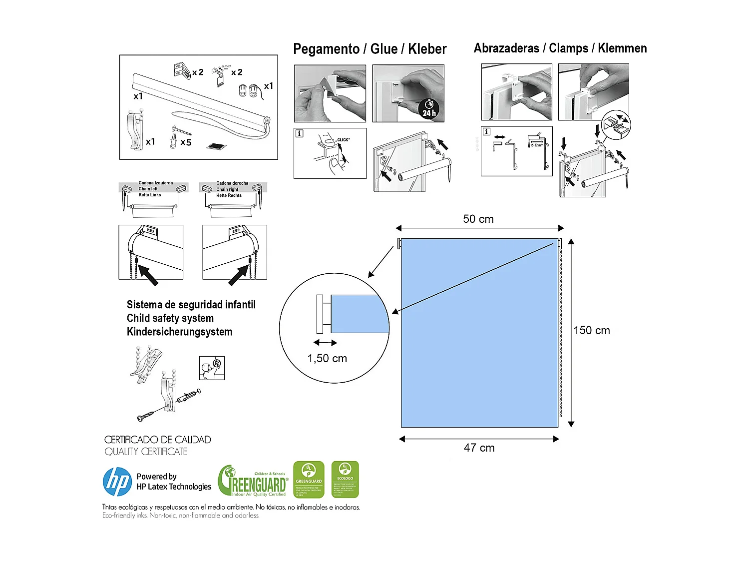 ESTORALIS | Estores Personalizados Easyfix de COCINA | 50 x 150 cm (Ancho por Alto) Tamaño de Tela 47 x 150 cm | Modelo VICHY-1 Color Azul
