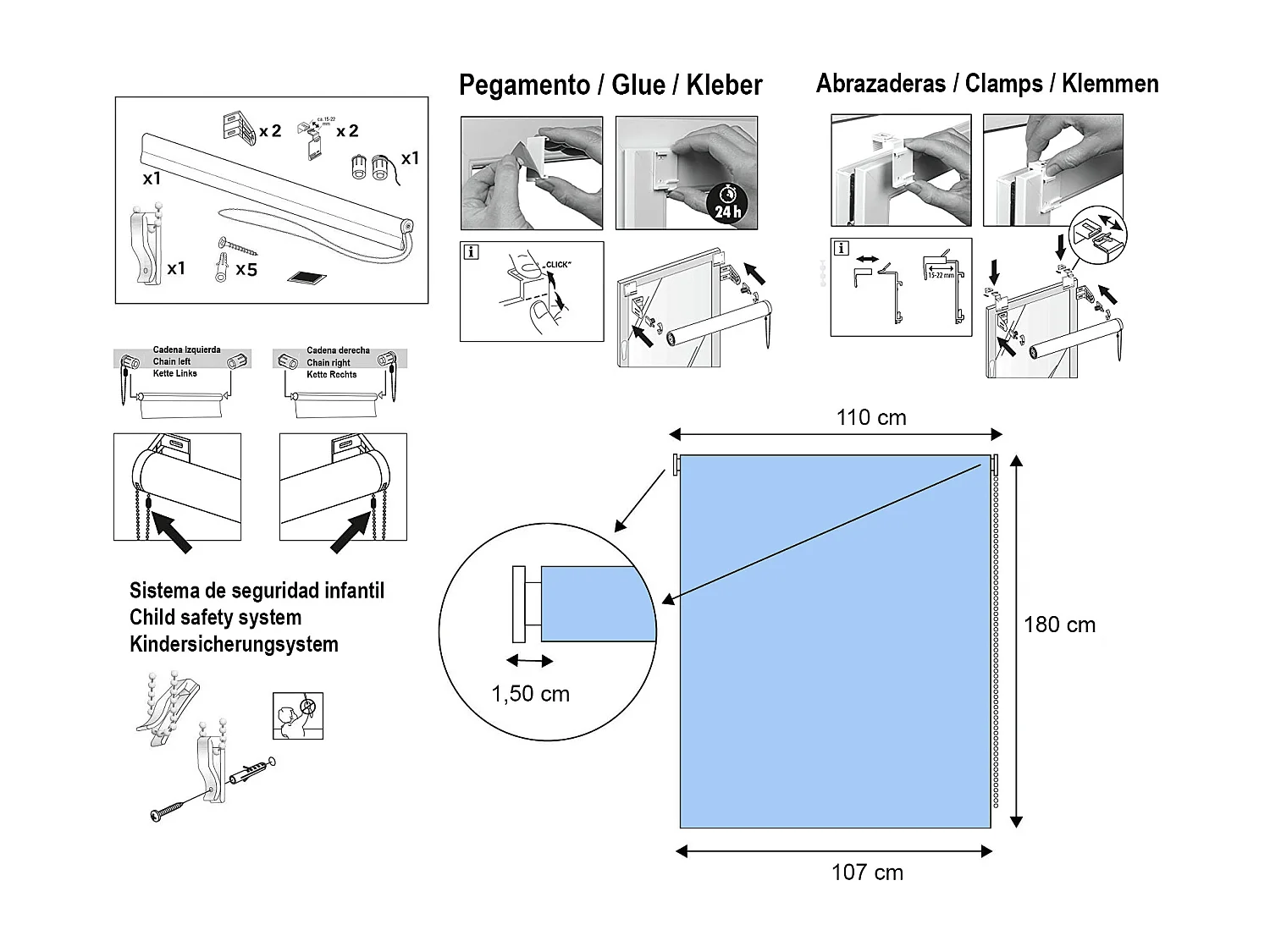 ESTORALIS | Estores Enrollables Translúcidos Easyfix  | 120 x 180 cm (Ancho por Alto) Tamaño de Tela 117 x 180 cm | Modelo DAVOS Color Blanco