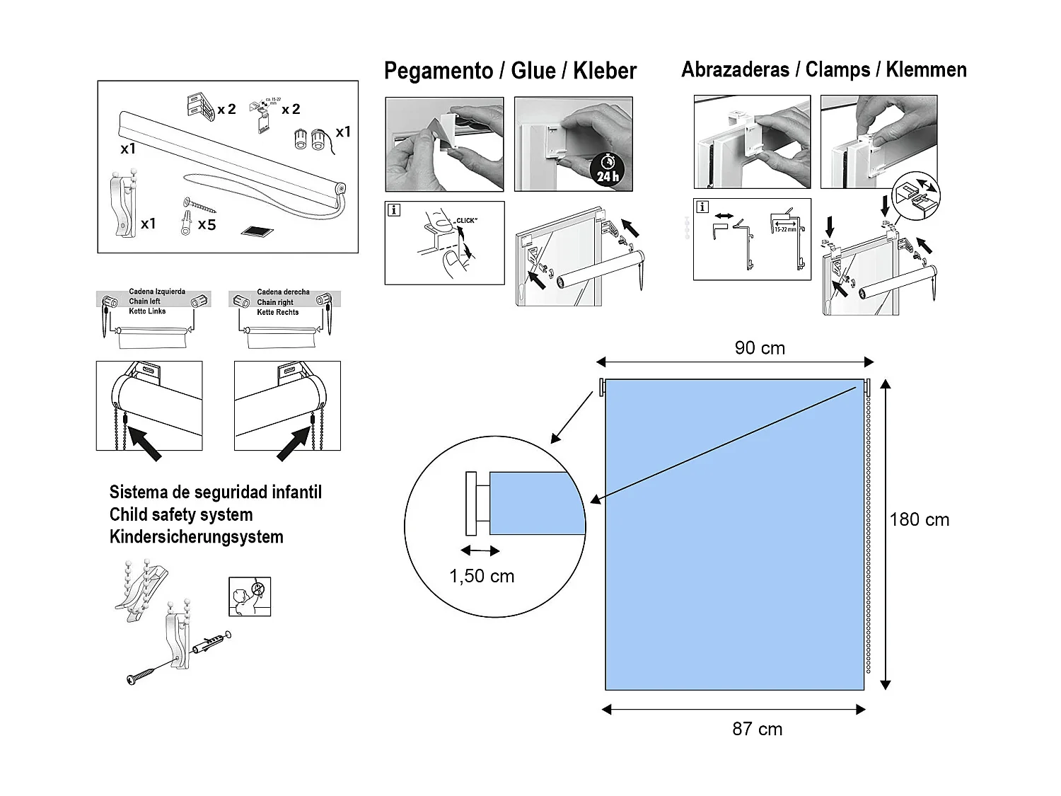 ESTORALIS | Estores Enrollables Translúcidos Easyfix  | 90 x 180 cm (Ancho por Alto) Tamaño de Tela 87 x 180 cm | Modelo DAVOS Color Blanco