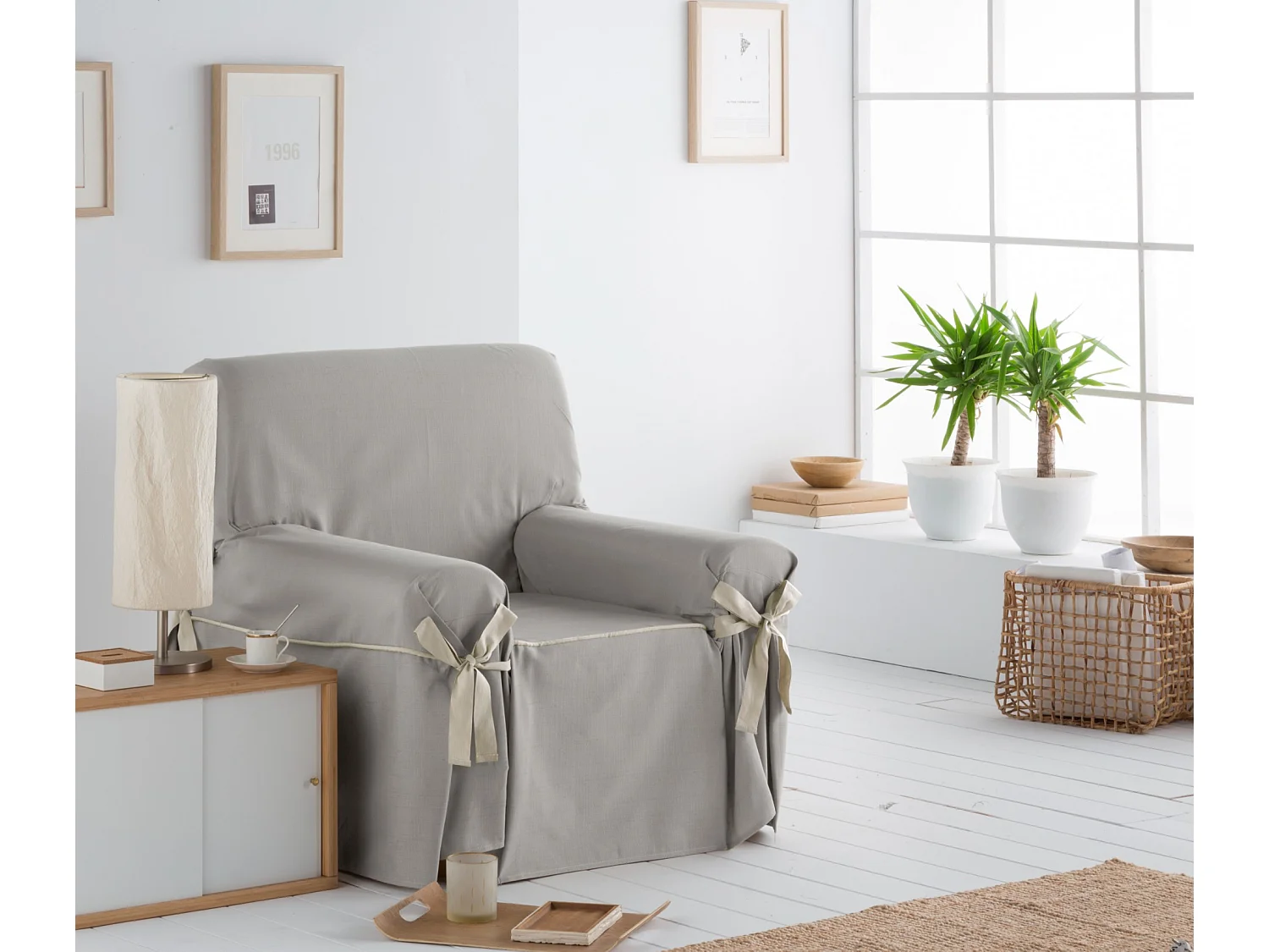 ESTORALIS | Funda Sofá Lazos Tejido Jaquard Resistente | Para Sillon o Relax 1 Plaza | Tamaño ( de 80 a 110 cm. )  | Modelo BERET Color Gris Claro