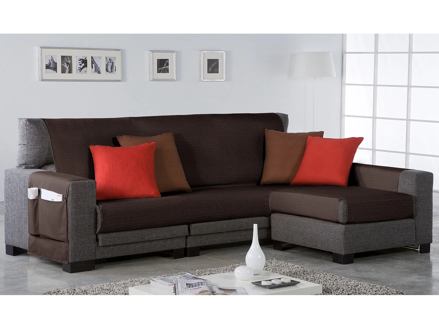 ESTORALIS | Cubre Sofá Tejido Jaquard Resistente | Chaisse Longue 180 cm Brazo Derecho | Tela 180 x 255 cm  | Modelo BERET Color Marron