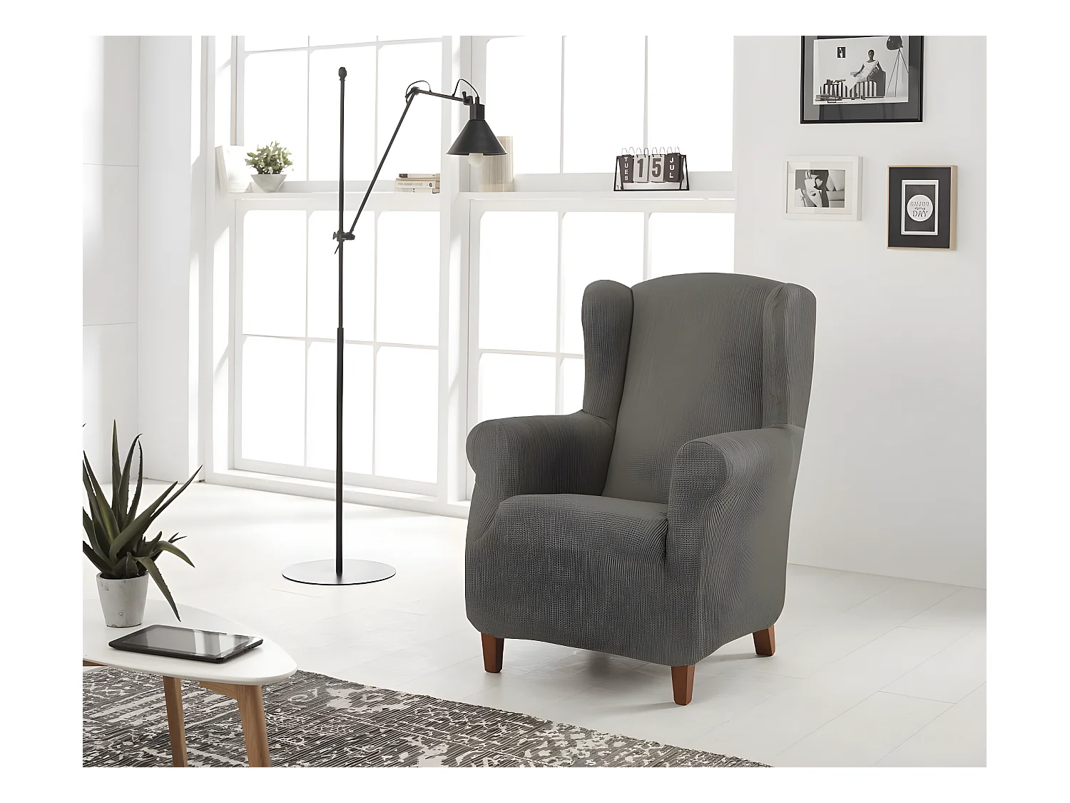 ESTORALIS | Funda Sillon Tejido Elastico Resistente | Para Sillon Orejero | Tamaño ( de 70 a 110 cm. )  | Modelo BERTA Color Gris
