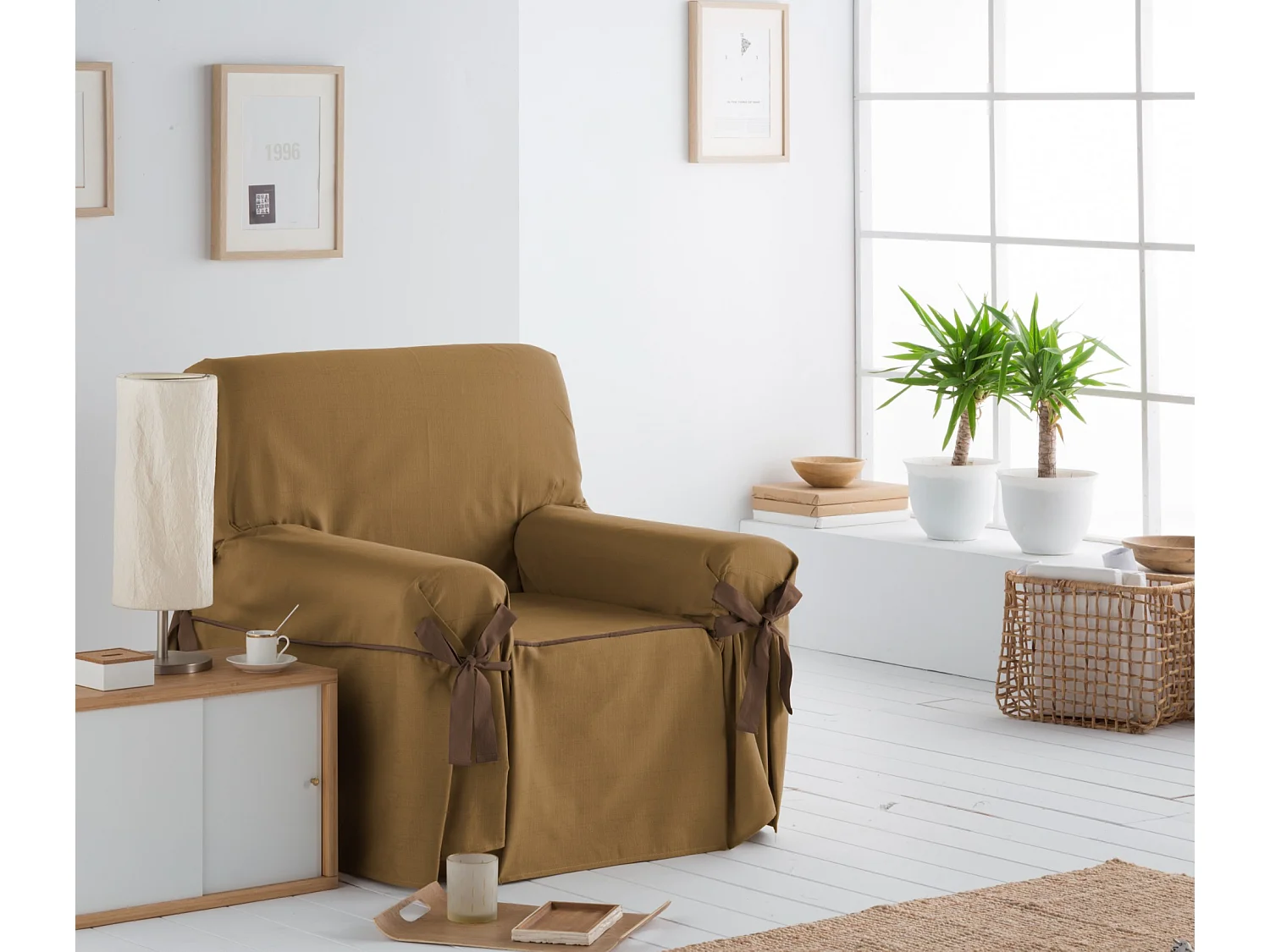 ESTORALIS | Funda Sofá Lazos Tejido Jaquard Resistente | Para Sofa de 4 Plazas | Tamaño ( de 210 a 240 cm. )  | Modelo BERET Color Beige