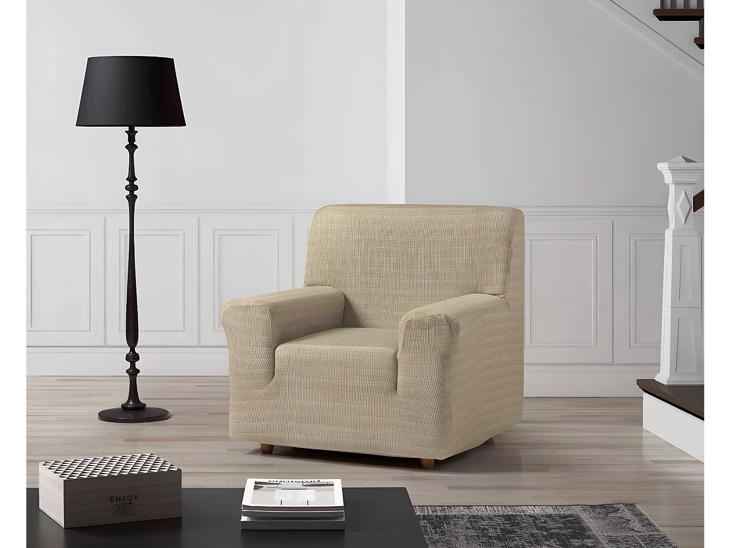 ESTORALIS | Funda de Sofá Tejido Elastico Resistente | Para Sillon 1 Plaza | Tamaño ( de 70 a 110 cm. )  | Modelo VEGA Color Marfil