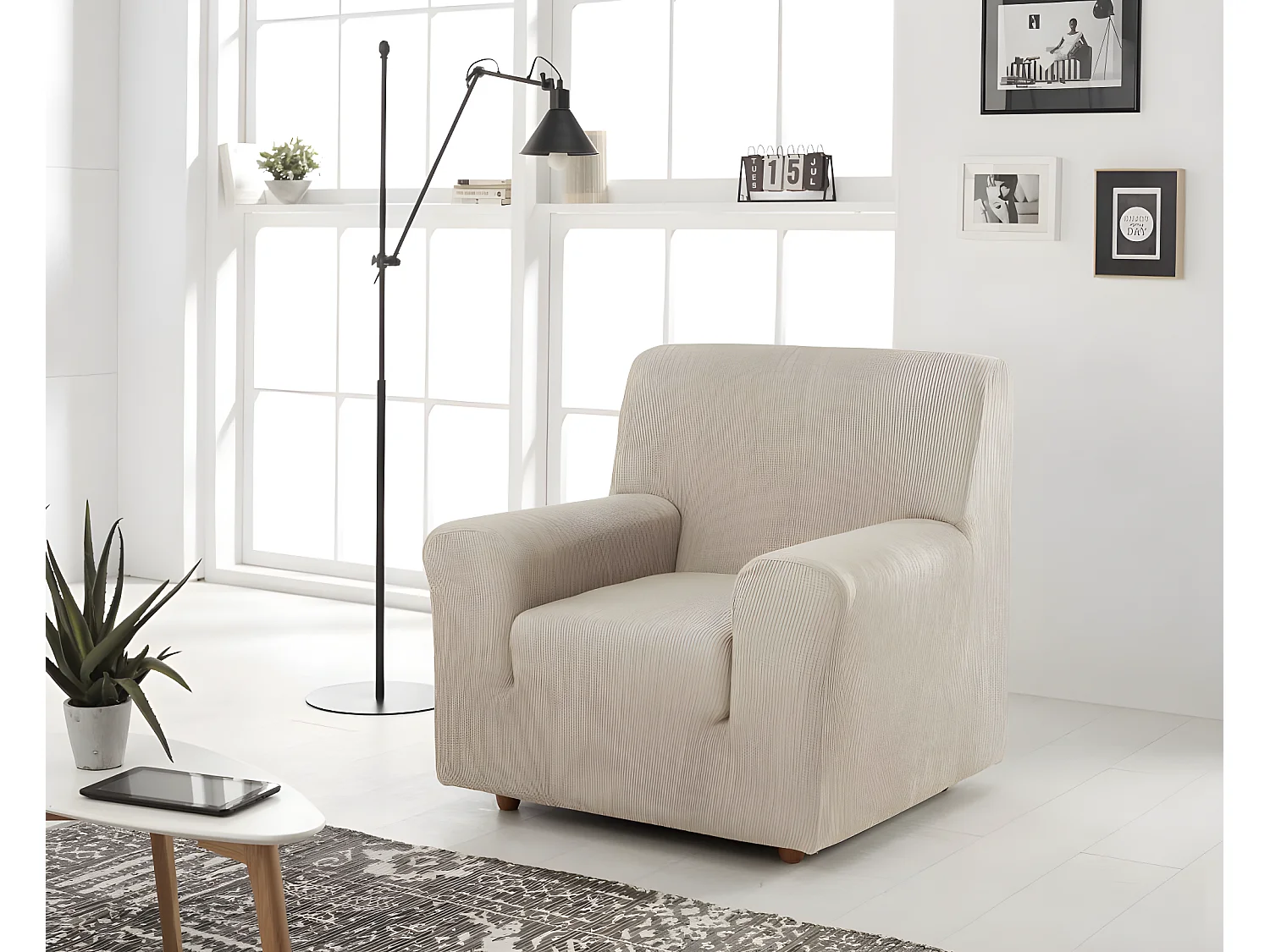 ESTORALIS | Funda de Sofá Tejido Elastico Resistente | Para Sillon 1 Plaza | Tamaño ( de 70 a 110 cm. )  | Modelo BERTA Color Marfil