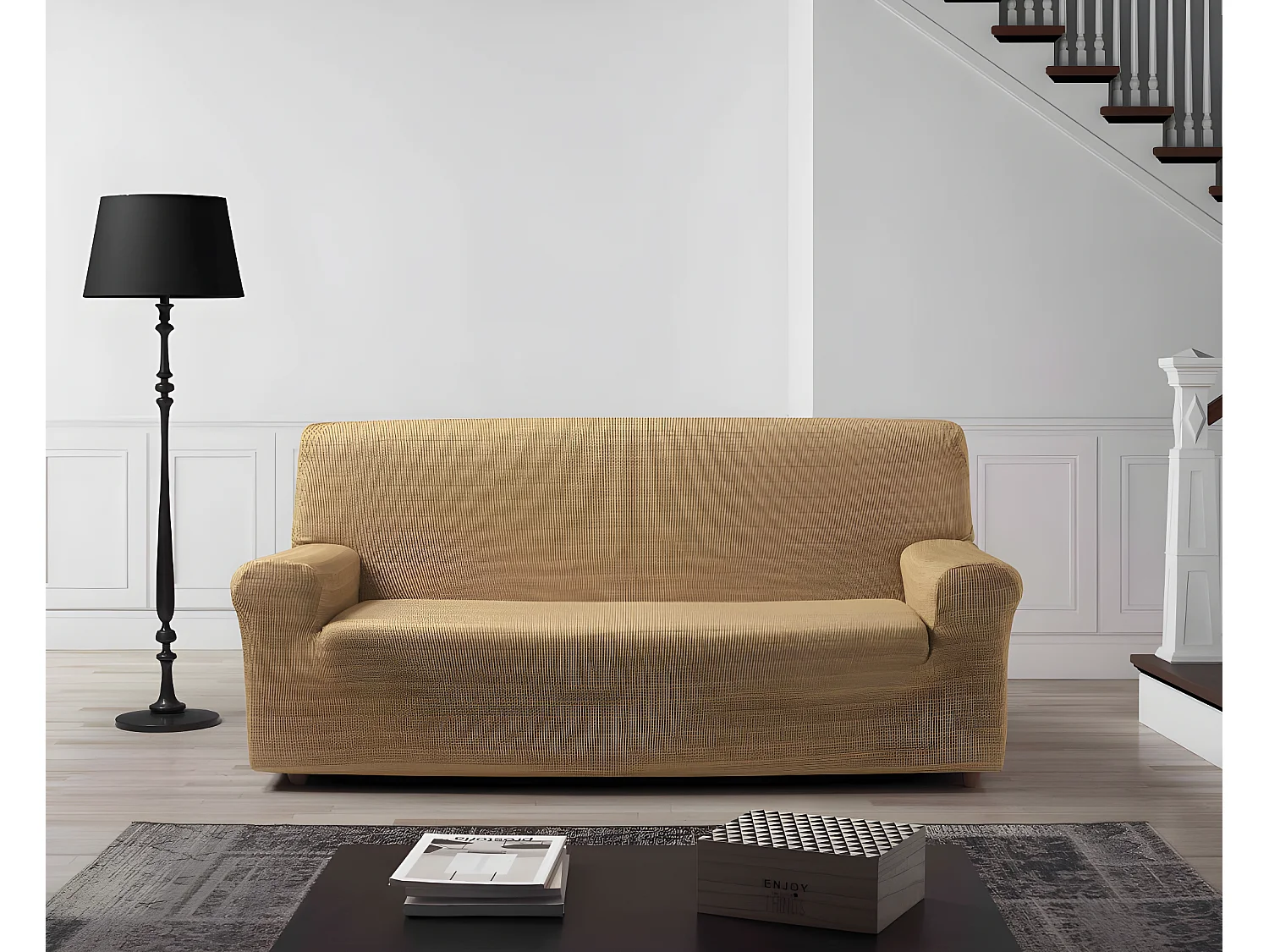 ESTORALIS | Funda de Sofá Tejido Elastico Resistente | Para Sofá 2 Plazas | Tamaño ( de 120 a 170 cm. )  | Modelo VEGA Color Beige