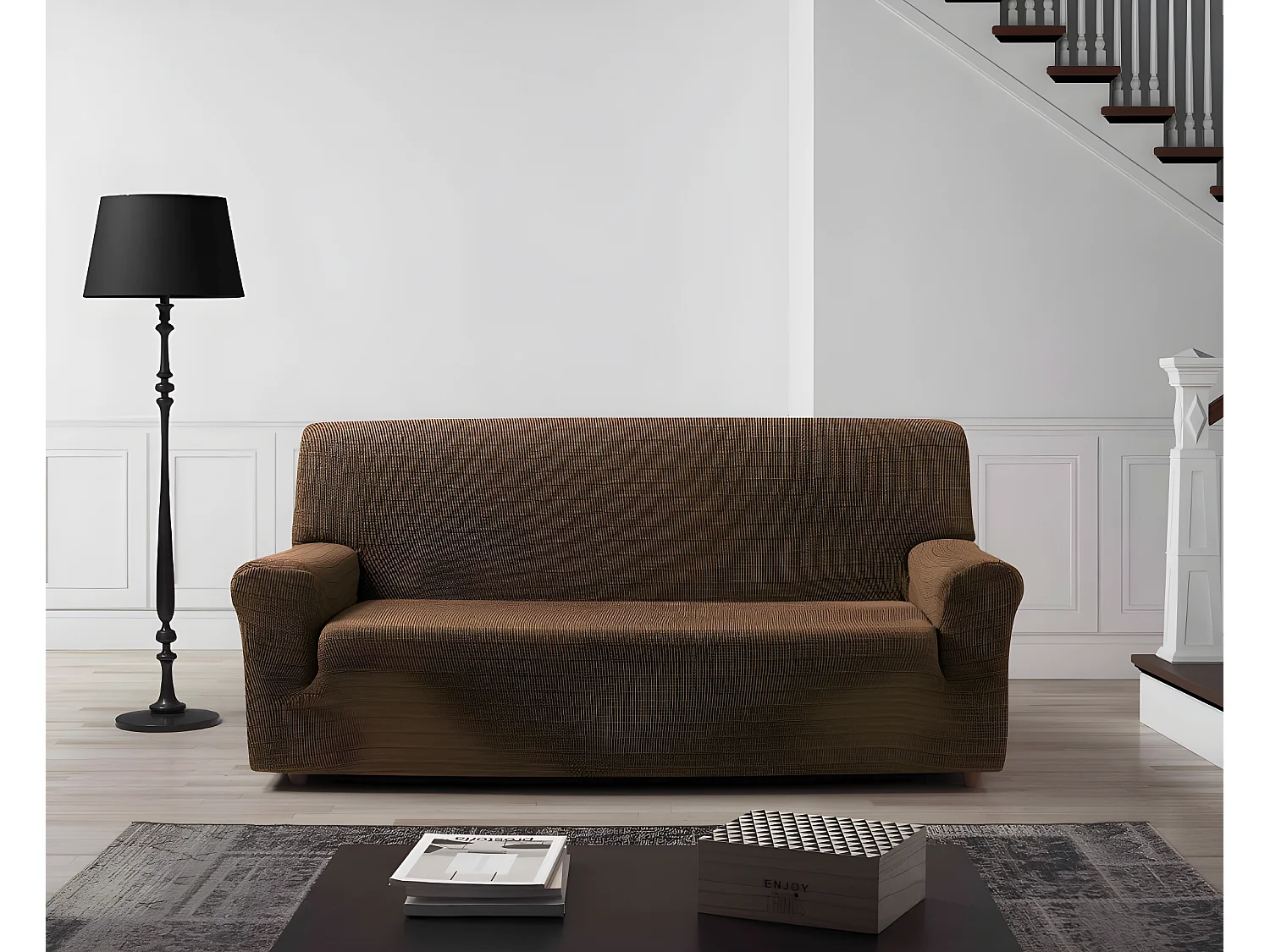 ESTORALIS | Funda de Sofá Tejido Elastico Resistente | Para Sofá 4 Plazas | Tamaño ( de 220 a 260 cm. )  | Modelo VEGA Color Marron