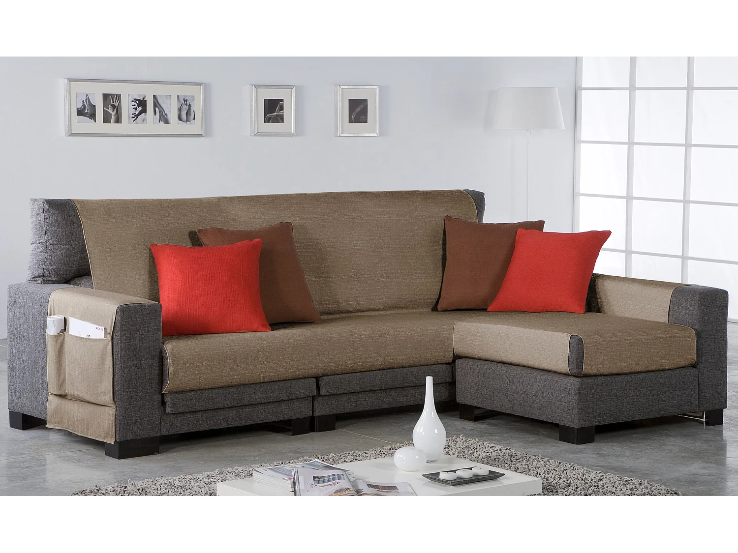 ESTORALIS | Cubre Sofá Tejido Jaquard Resistente | Chaisse Longue 210 cm Brazo Derecho | Tela 210 x 255 cm  | Modelo BERET Color Beige