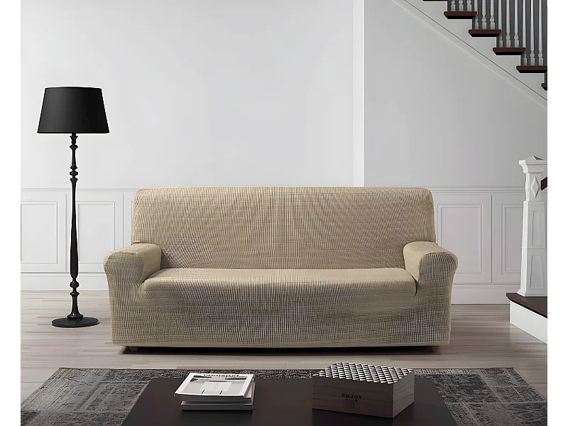 ESTORALIS | Funda de Sofá Tejido Elastico Resistente | Para Sofá 2 Plazas | Tamaño ( de 120 a 170 cm. )  | Modelo VEGA Color Marfil