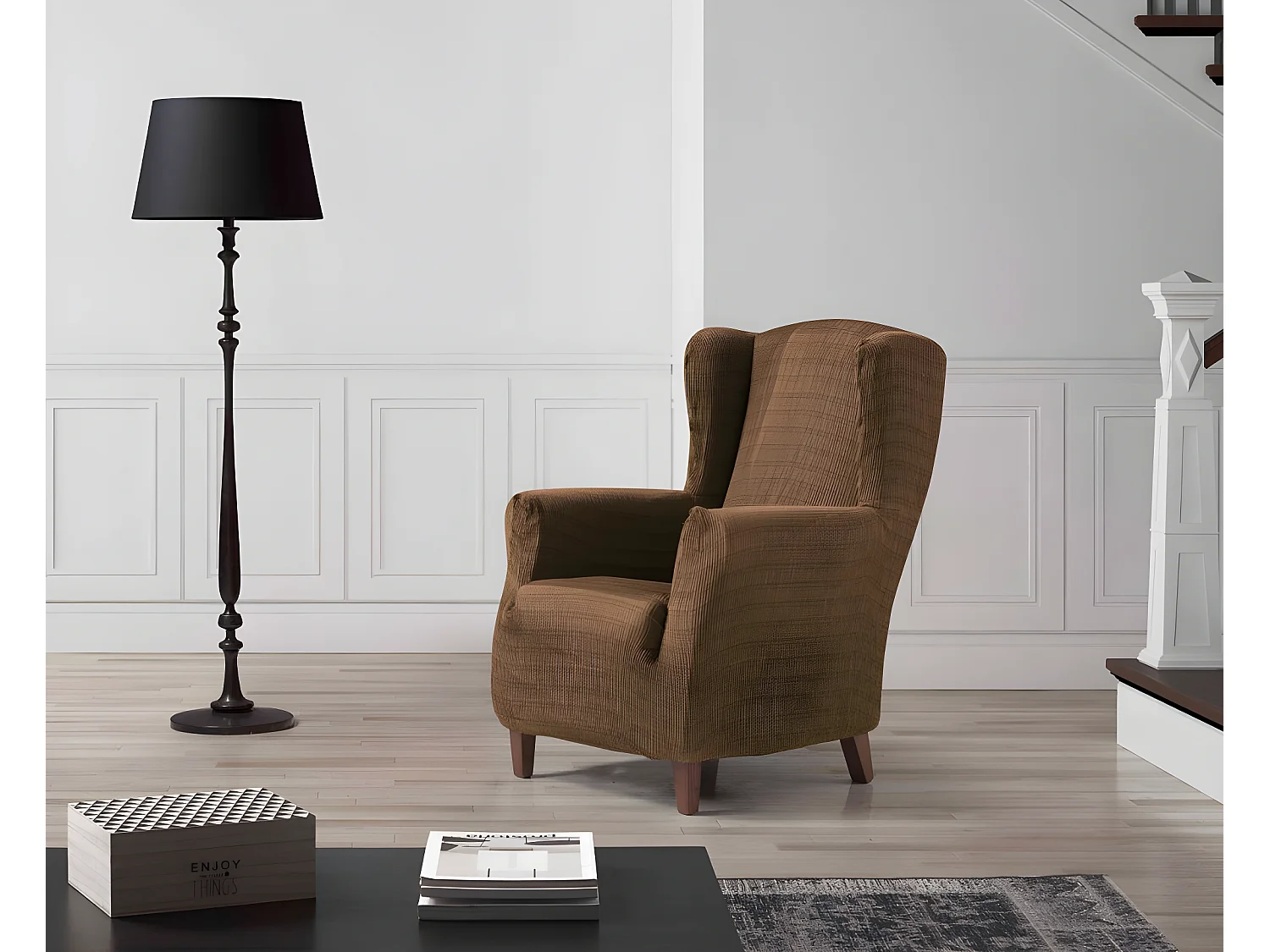 ESTORALIS | Funda Sillon Tejido Elastico Resistente | Para Sillon Orejero | Tamaño ( de 70 a 110 cm. )  | Modelo VEGA Color Marron