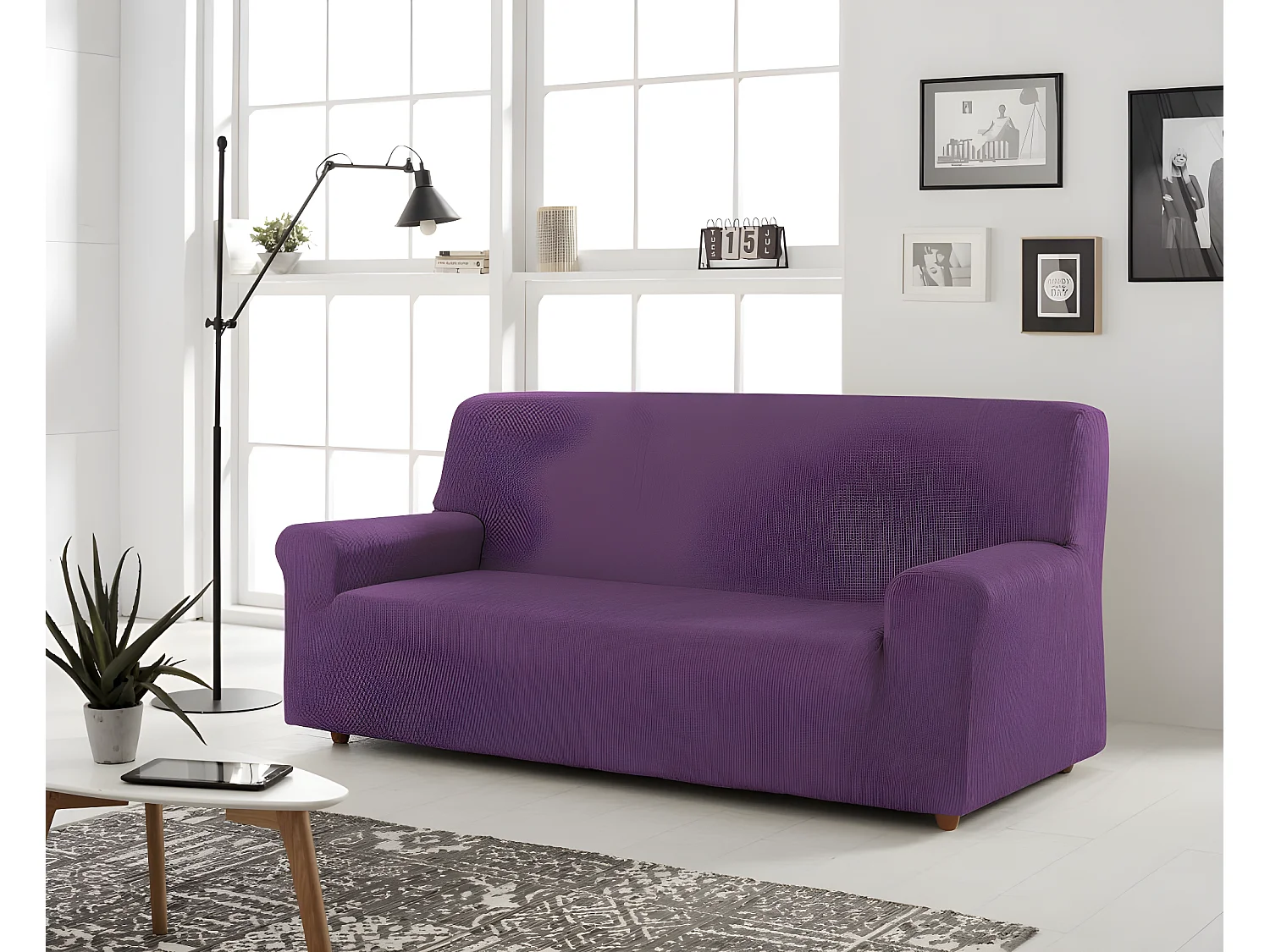 ESTORALIS | Funda de Sofá Tejido Elastico Resistente | Para Sofá 3 Plazas | Tamaño ( de 170 a 220 cm. )  | Modelo BERTA Color Violeta