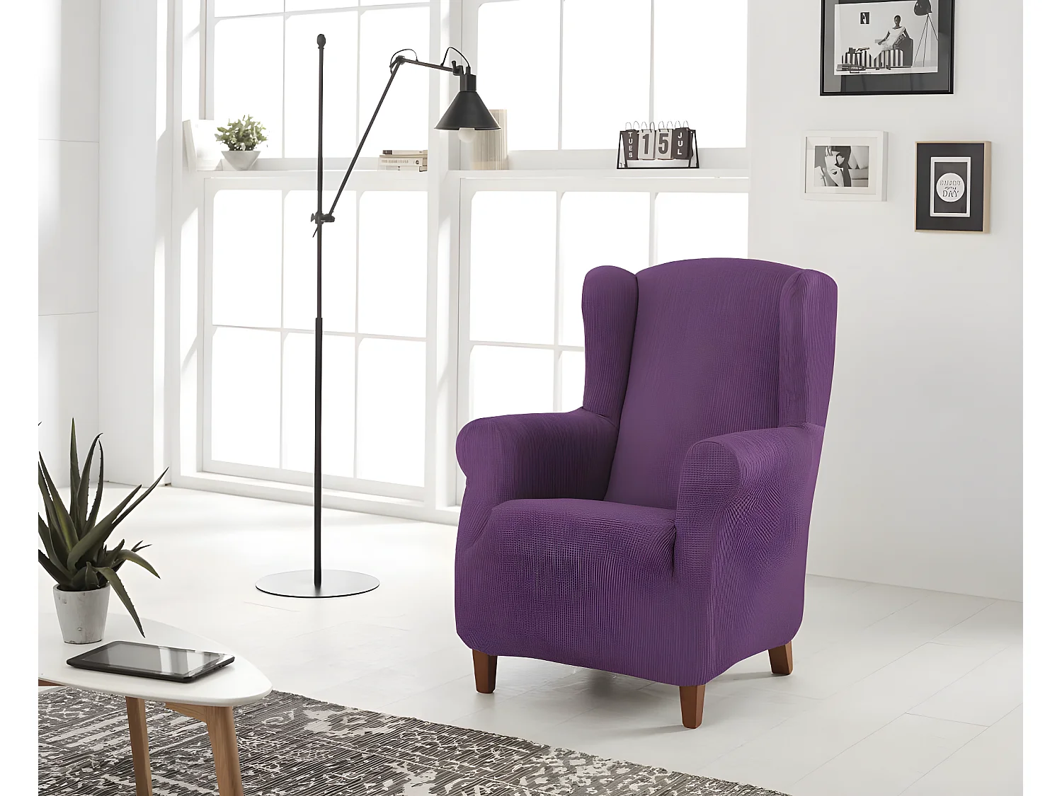ESTORALIS | Funda Sillon Tejido Elastico Resistente | Para Sillon Orejero | Tamaño ( de 70 a 110 cm. )  | Modelo BERTA Color Violeta