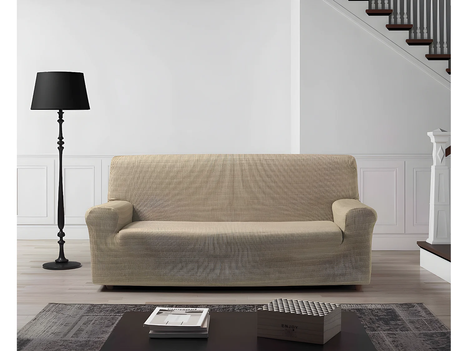 ESTORALIS | Funda de Sofá Tejido Elastico Resistente | Para Sofá 4 Plazas | Tamaño ( de 220 a 260 cm. )  | Modelo VEGA Color Marfil