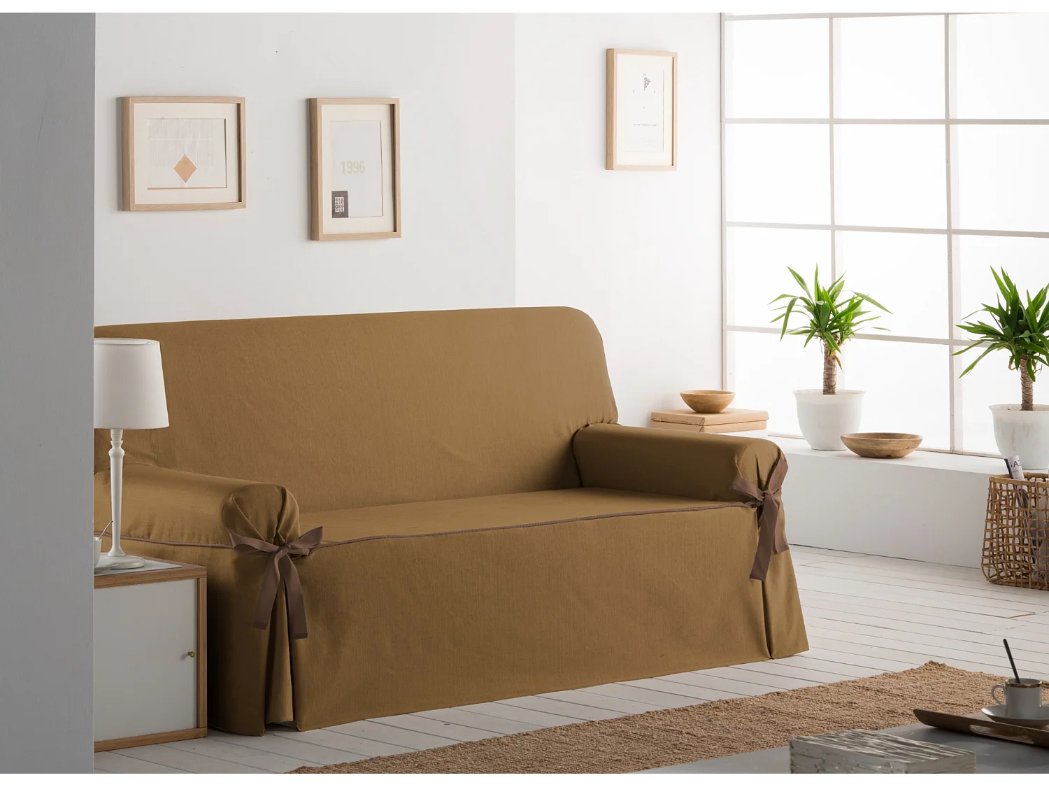 ESTORALIS | Funda Sofá Lazos Tejido Jaquard Resistente | Para Sofa de 3 Plazas | Tamaño ( de 180 a 210 cm. )  | Modelo BERET Color Beige